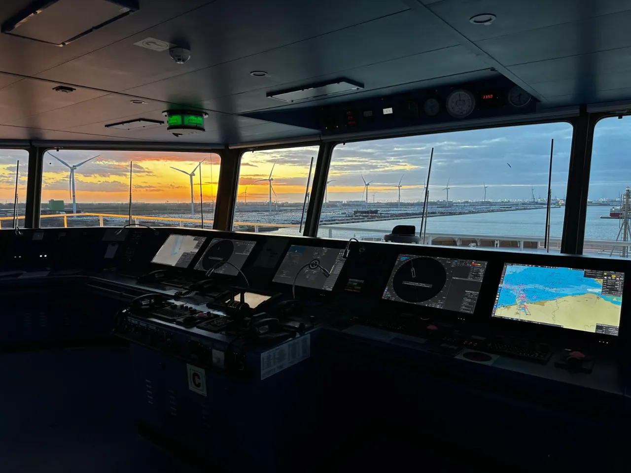 Ship's bridge at sunrise