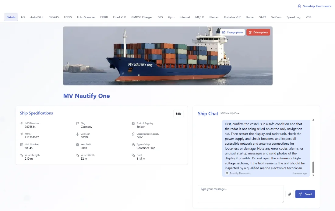 NAUTiFy ship details page with a tab per bridge system